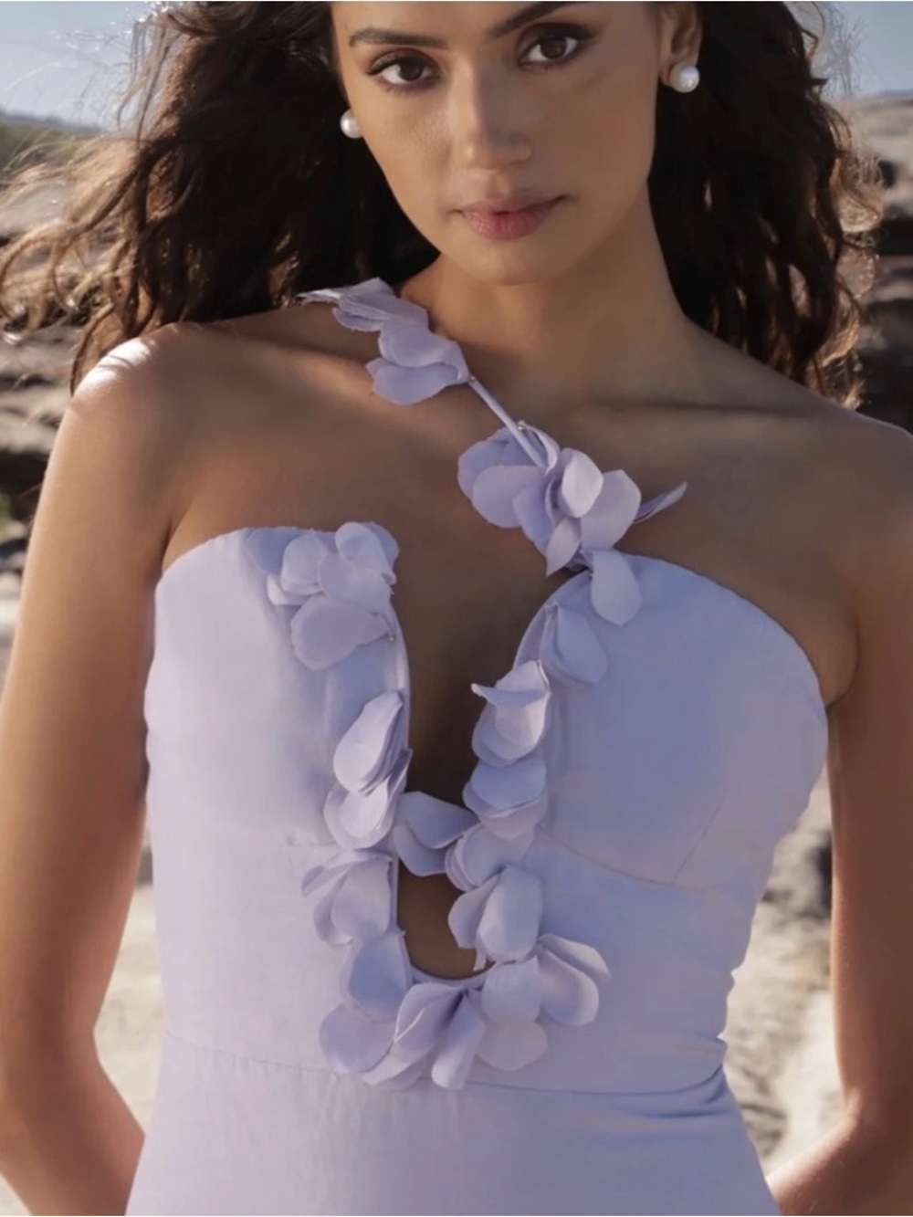 Sonya Moda for Anthropologie One-Shoulder Lilac Petal-Trim maxi Dress - Picture 3 of 16